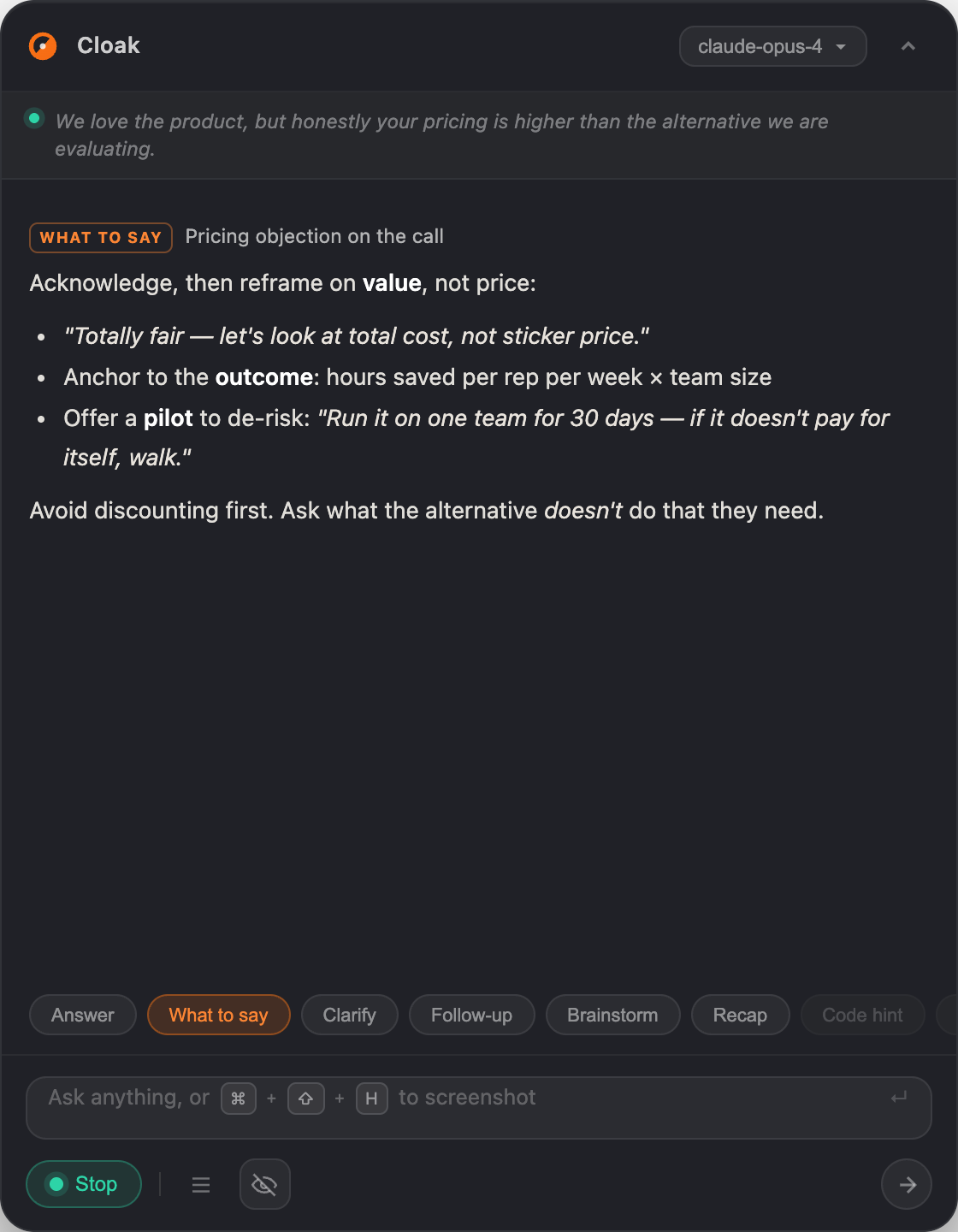Cloak overlay in What to say mode